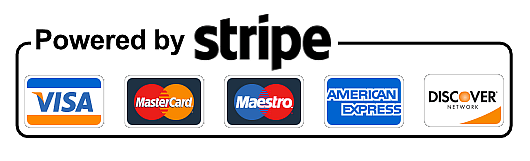 Accepted payments powered by stripe: Visa, Mastercard, Maestro, AmEx, Discover